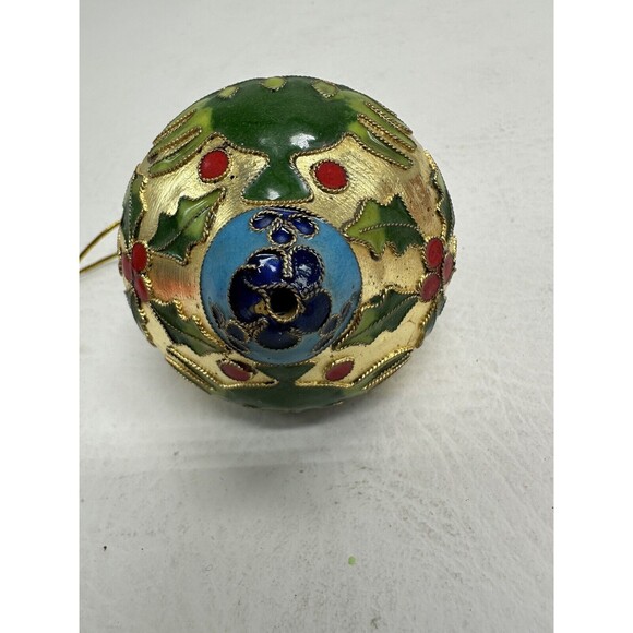 Vintage Gold Cloisonne Enamel Holly Berry Branch Design Christmas Tree Ornament - Picture 6 of 11